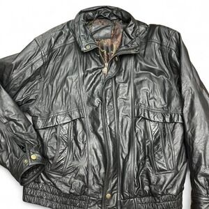Expressions Worldwide Mens Black Leather Bomber Jacket Large Ornate Lining